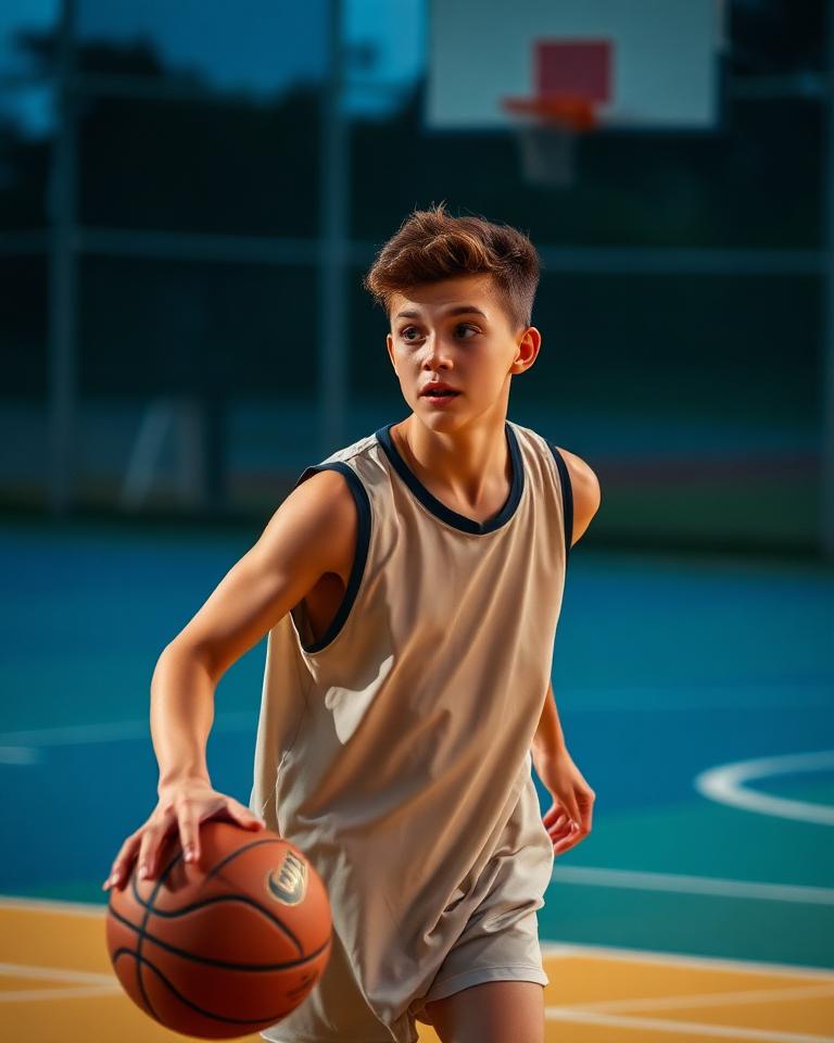 Youth basketball player dribbling on an outdoor court