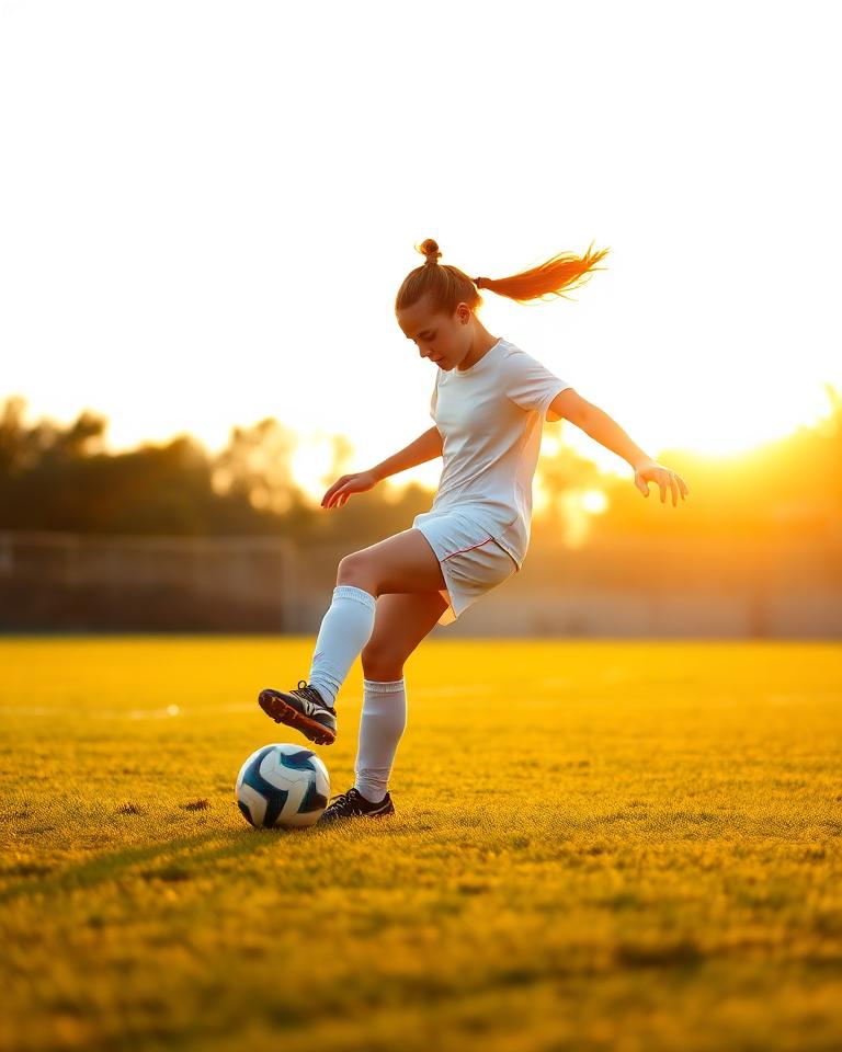 Youth soccer player striking a ball at golden hour