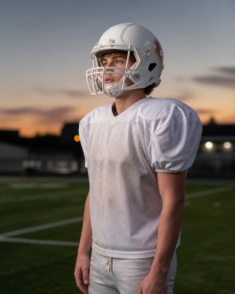Youth football player on the field at dusk