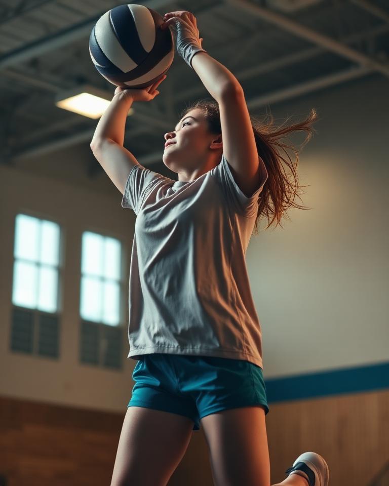 Youth volleyball player jumping to spike indoors