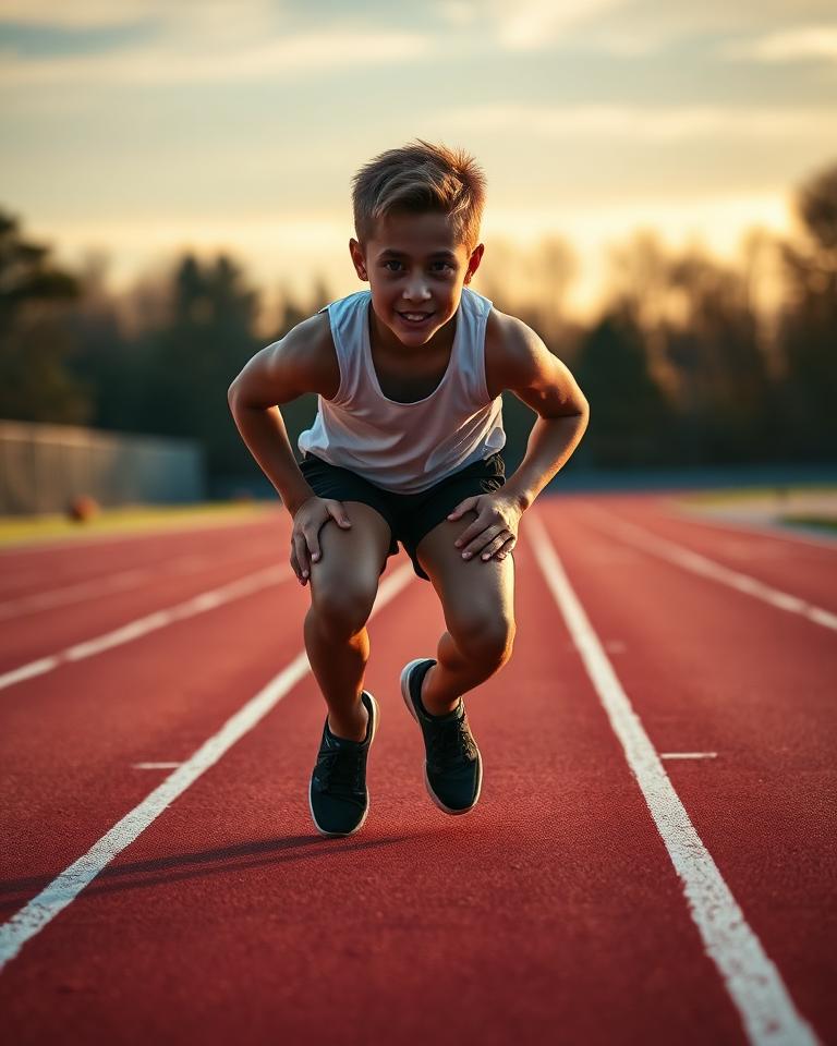 Youth sprinter set in the blocks on a red track