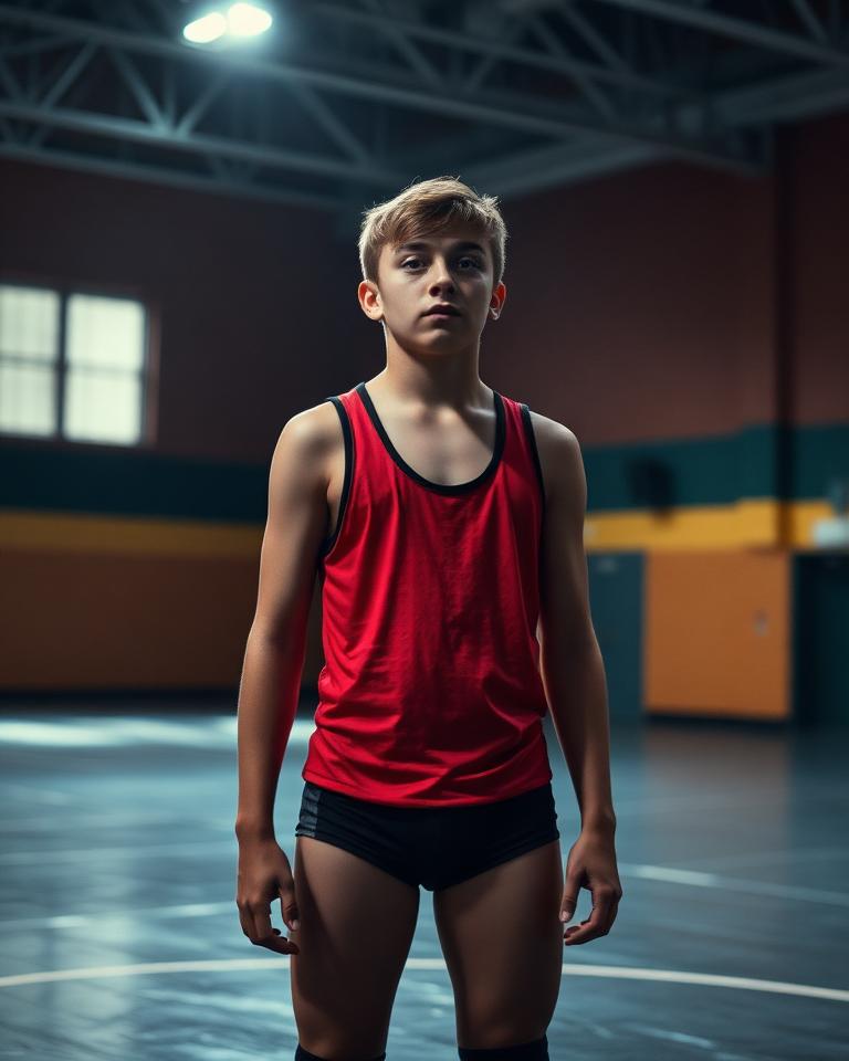 Youth wrestler standing on a gym mat