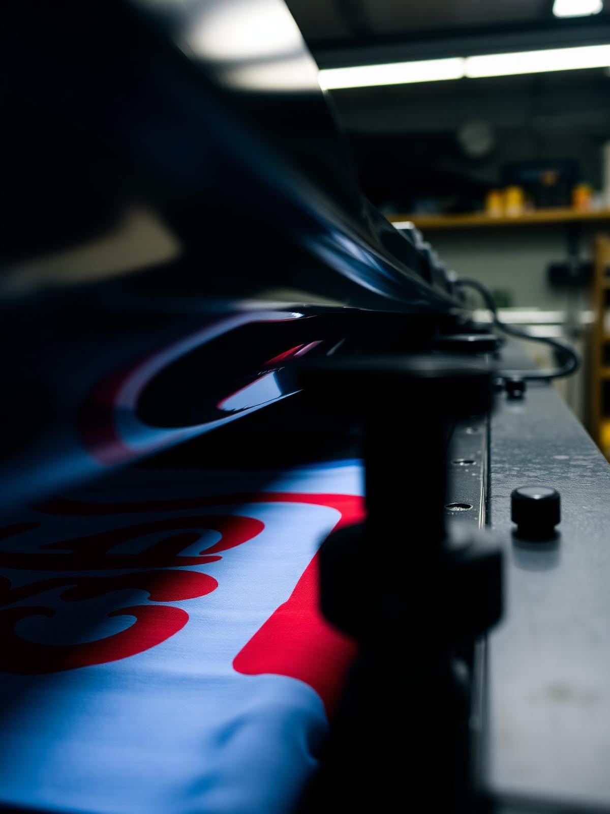 Screen printing press pressing ink onto a garment
